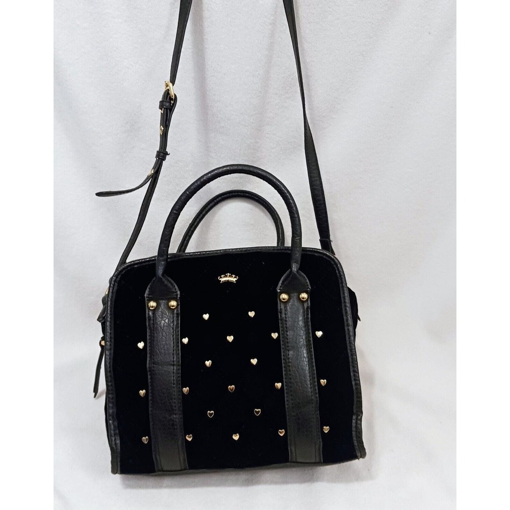 Juicy Couture Purse BLACK VELVET Quilted Leather TRIM Square Bag GOLD HEARTS